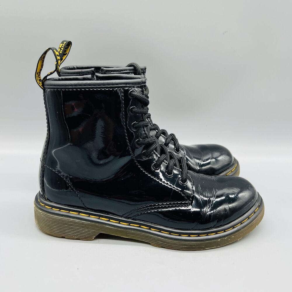 Dr Martens Boots Girls 2 Black Patent Leather 1460 Combat Side Zip Lace Up Shoes